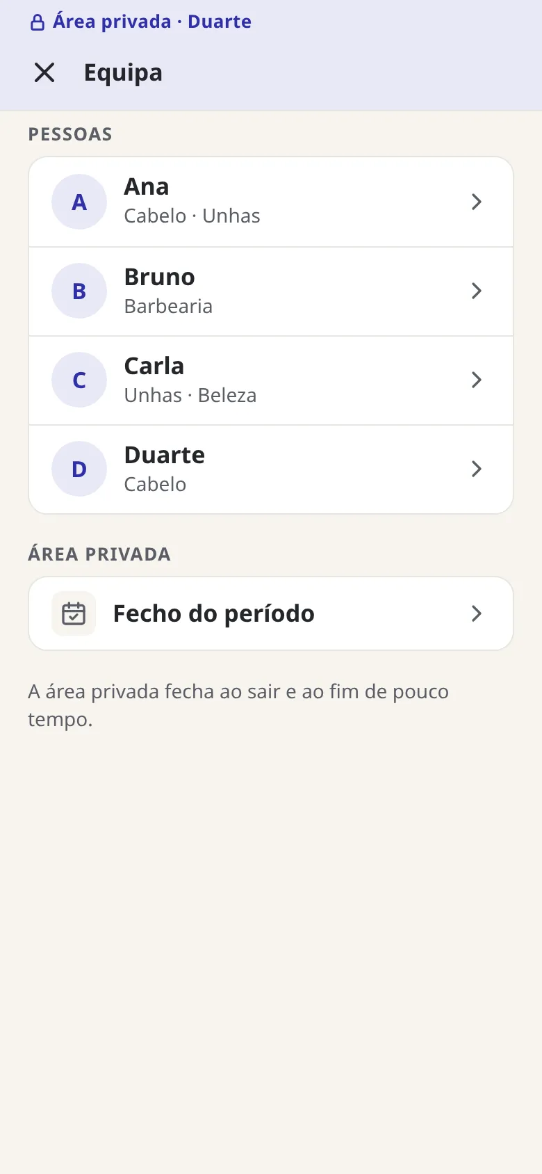 The Beauty OS private area, "Team" section: a list of four people with their areas and access to the period close.