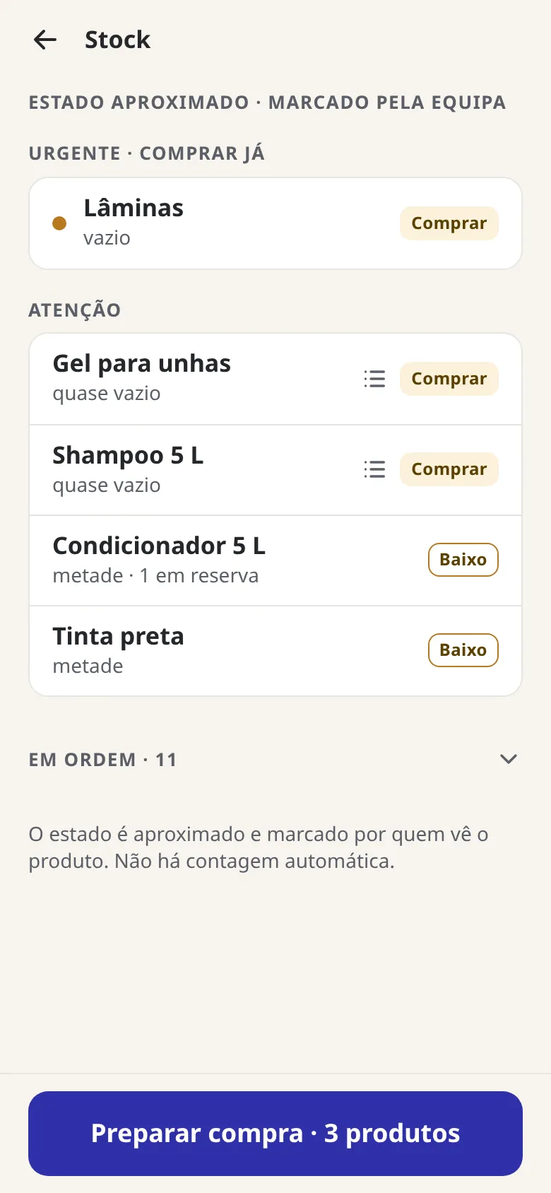 The Beauty OS "Stock" screen: products marked empty, nearly empty and low, with the button "Prepare purchase · 3 products".