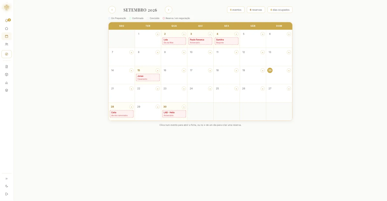 Agenda mensal de setembro de 2026 com eventos e reservas assinalados nos respetivos dias.